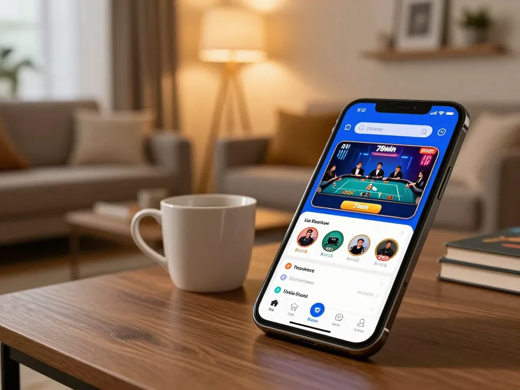 Engaged player using the 78win app for live dealer gaming in a cozy home setting