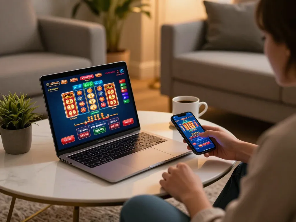 Player enjoying strategic gameplay on sky88 gaming app on laptop and smartphone