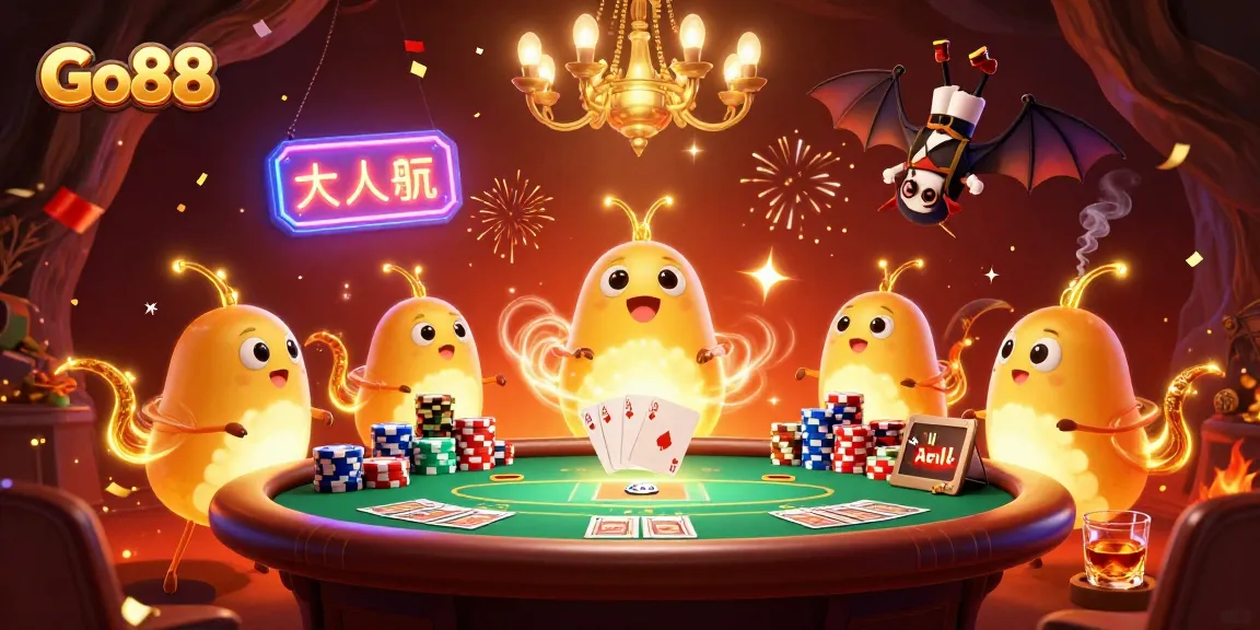 Experience the excitement of Go88 with glowing characters lighting a casino scene filled with poker chips and cards.