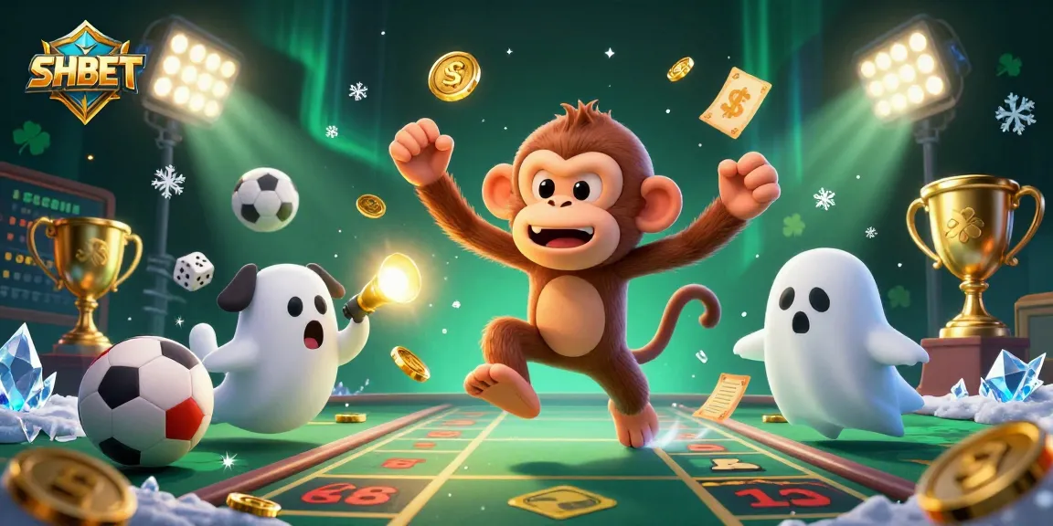 Experience thrilling games at SHBET with a lively casino atmosphere featuring a playful monkey and a curious puppy.