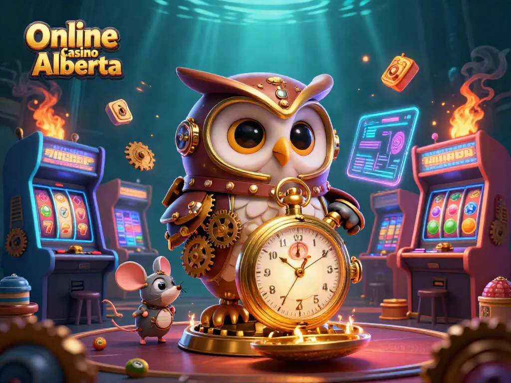 Experience exciting gaming with Online Casino Alberta featuring a steampunk owl and dynamic casino elements.
