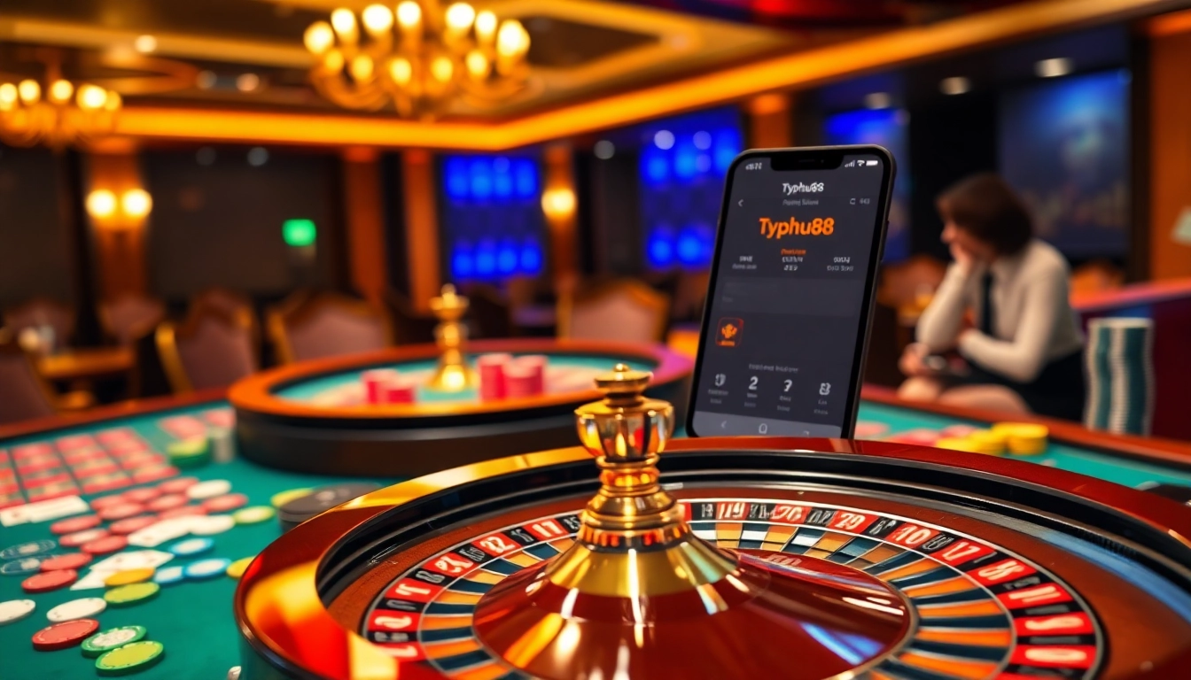 Experience the thrill of gambling with Typhu88 at a luxurious casino table featuring vibrant chips and roulette wheel.