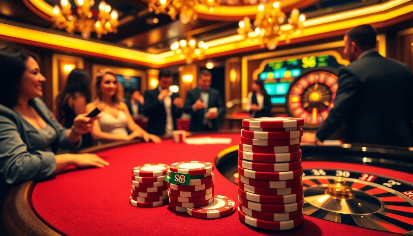 S8 poker chips showcased at a vibrant casino table, enhancing the gambling experience.