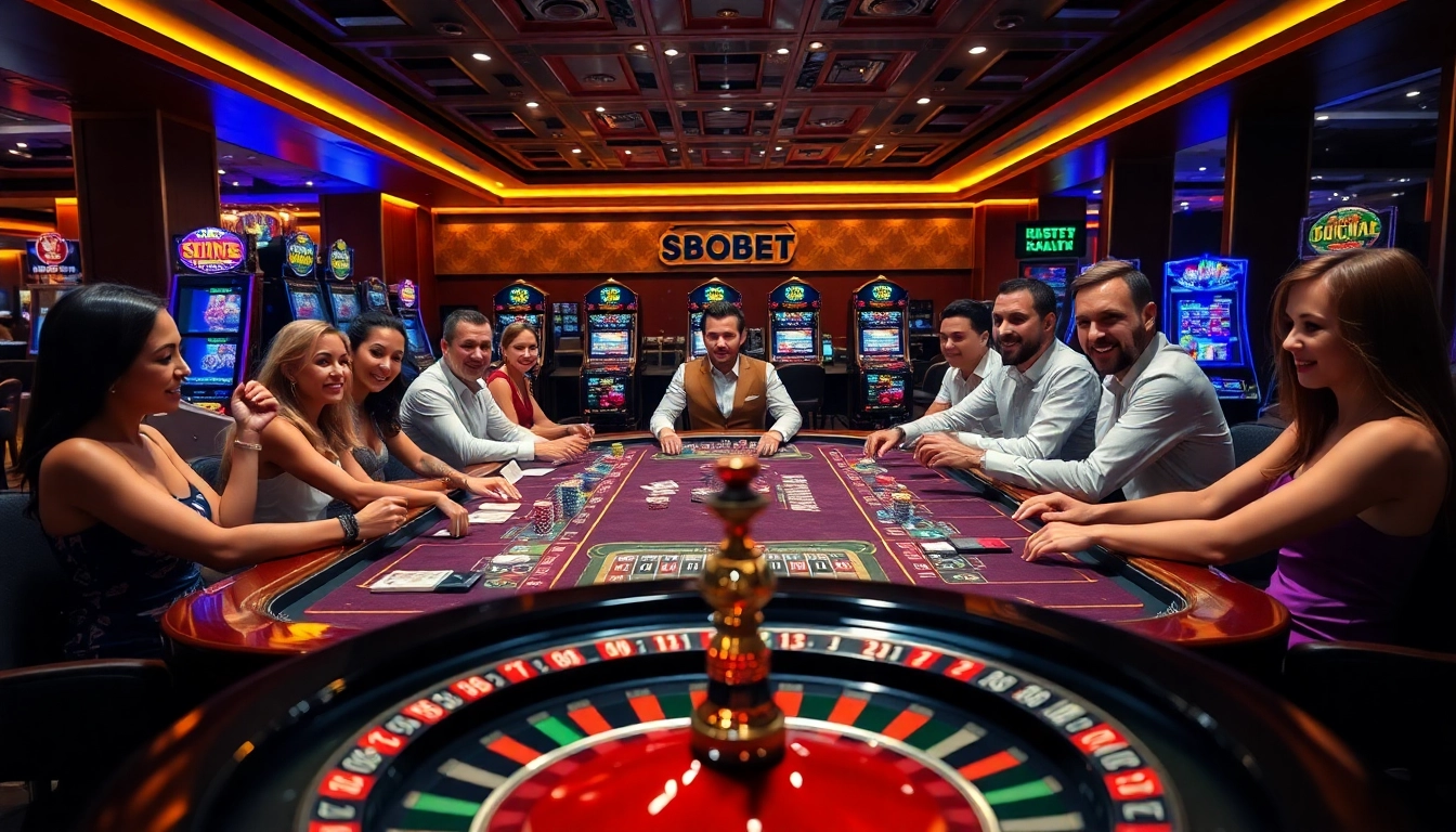 SBOBET gaming table with players placing bets, showcasing luxury and excitement in a casino atmosphere.