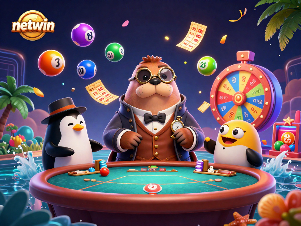 Experience the thrilling game action at Netwin with a jolly walrus, penguin dealer, and a bluffing pufferfish.