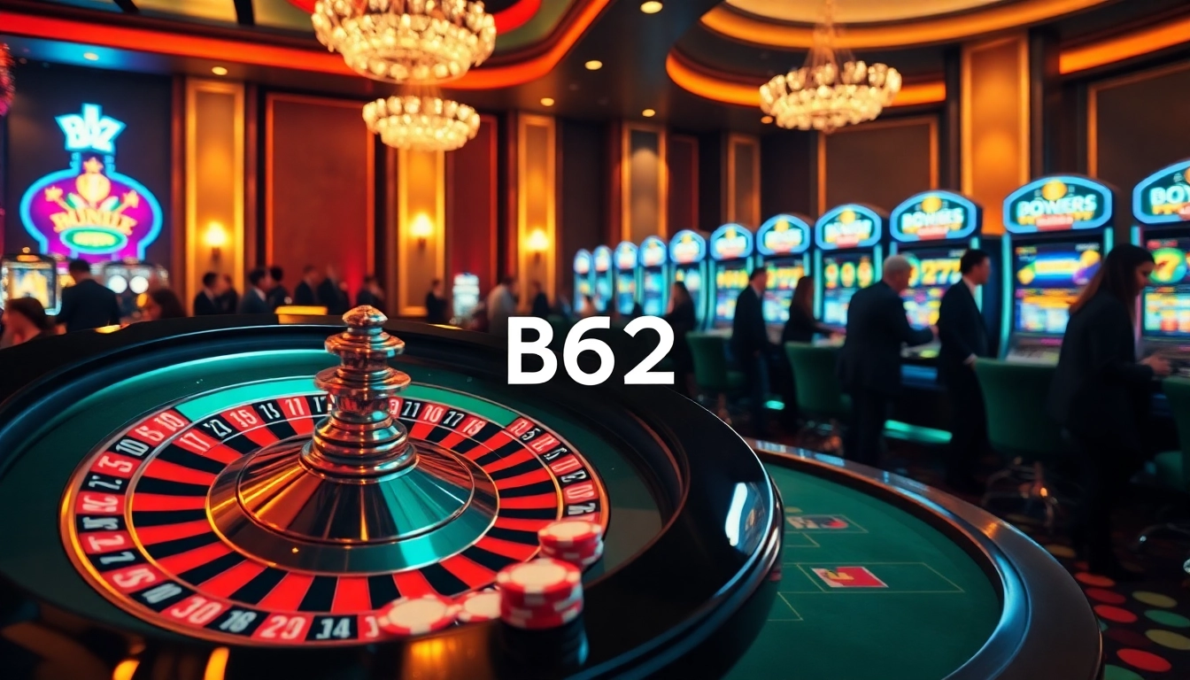 B52 casino scene featuring vibrant roulette and poker action with luxurious elements and lively atmosphere.