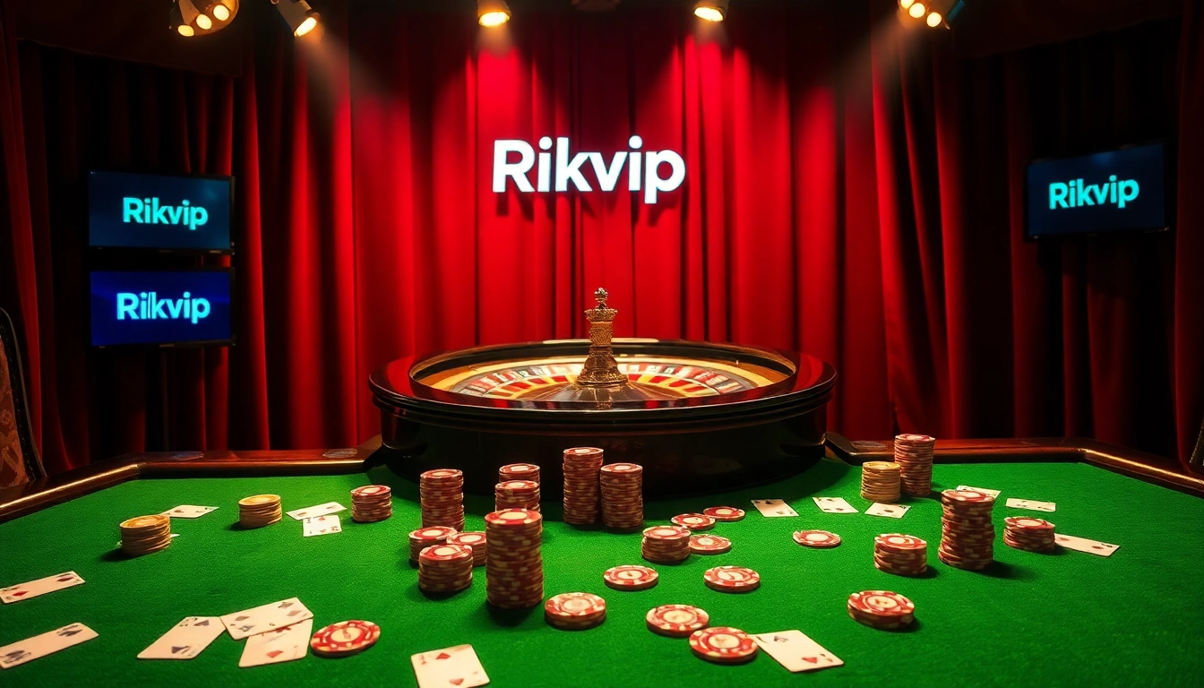 Experience the thrill of gambling at Rikvip with vibrant poker chips and roulette wheels.