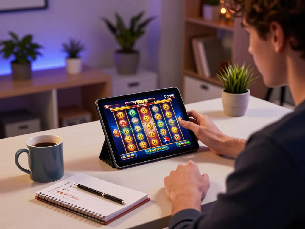 Player immersing in TR88 online gaming experience on a tablet amidst a cozy home office atmosphere.