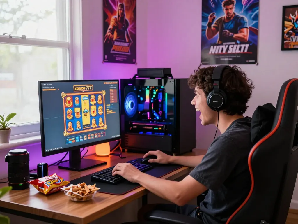 Engaging scene of a gamer enjoying slot gacor 777 games in a colorful, vibrant gaming setup.
