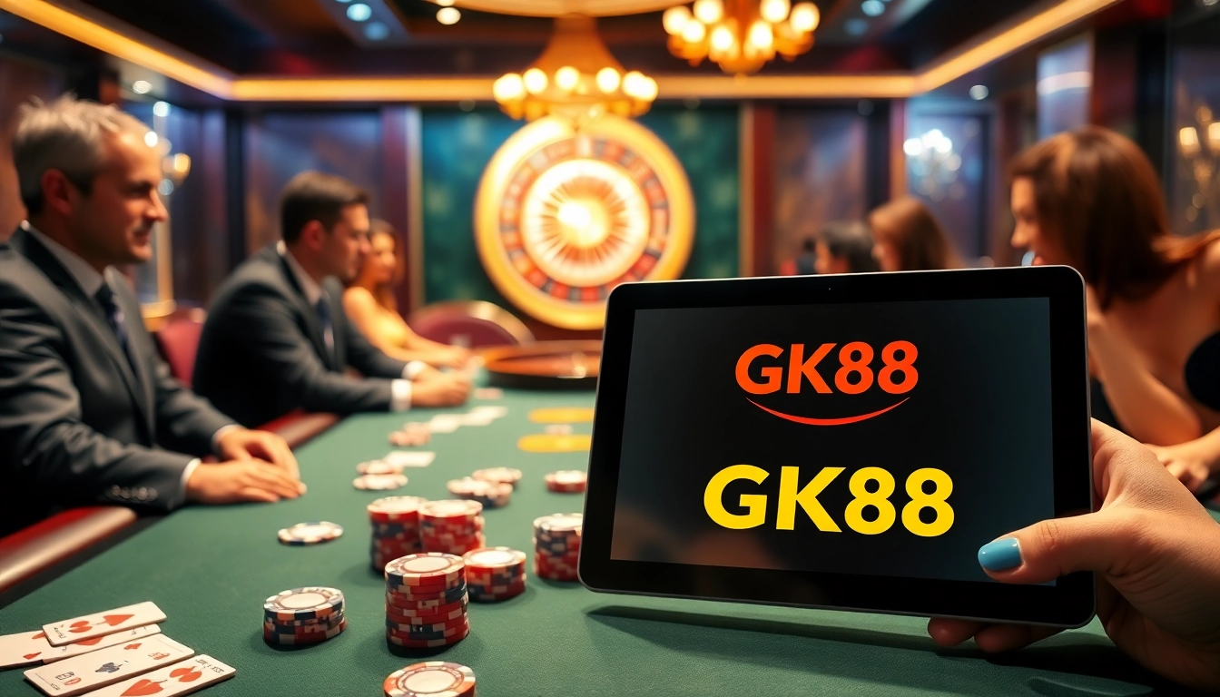 Players enjoying high-stakes poker at a glamorous casino with the logo https://gk88.bond/ prominently featured.
