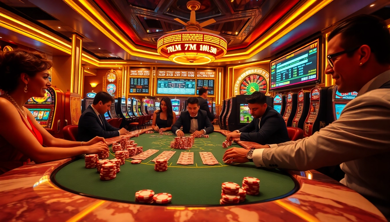Engaged players at a 7M poker table in a luxurious casino setting.