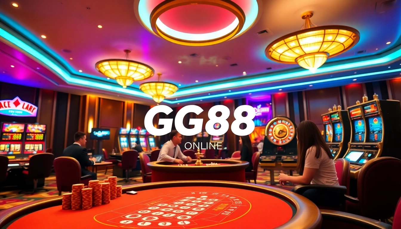 Experience online gambling excitement at GG88 with vibrant casino tables and slot machines.