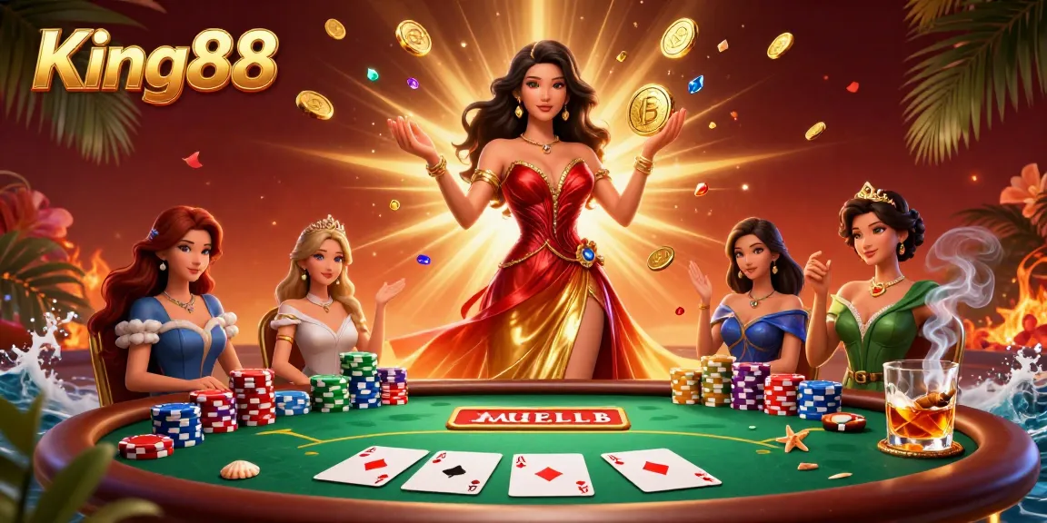 Experience the thrilling world of King88 with a glamorous Asian woman celebrating her wins amidst a vibrant poker scene filled with excitement.