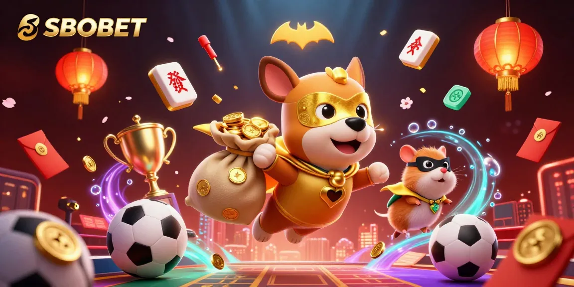 SBOBET sports betting illustration with a superhero dog and gold coins, showcasing vibrant casino elements.