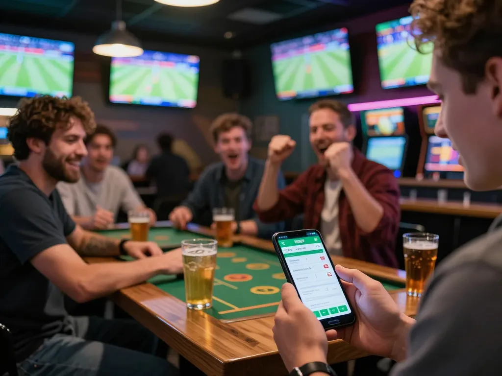 Engaged sports fans placing bets on the TOPBET app during a lively game night.