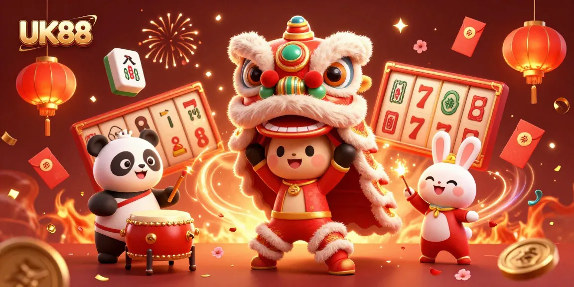 Experience vibrant gambling fun with UK88's lively lion dance scene and exciting slot elements.