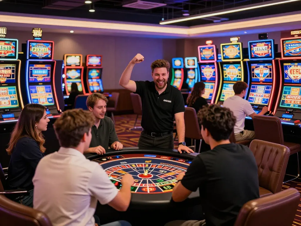 Players celebrating at vibrant 32win casino, showcasing excitement in gambling atmosphere.