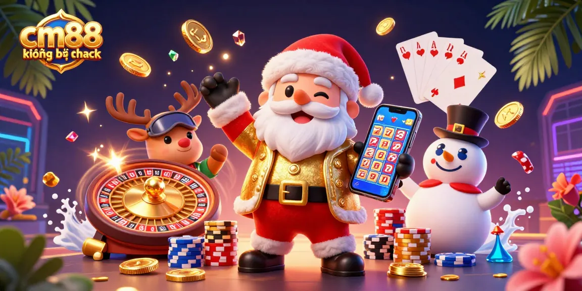 Engage with cm88 không bị chặn through vibrant casino fun featuring a cartoon Santa and games.