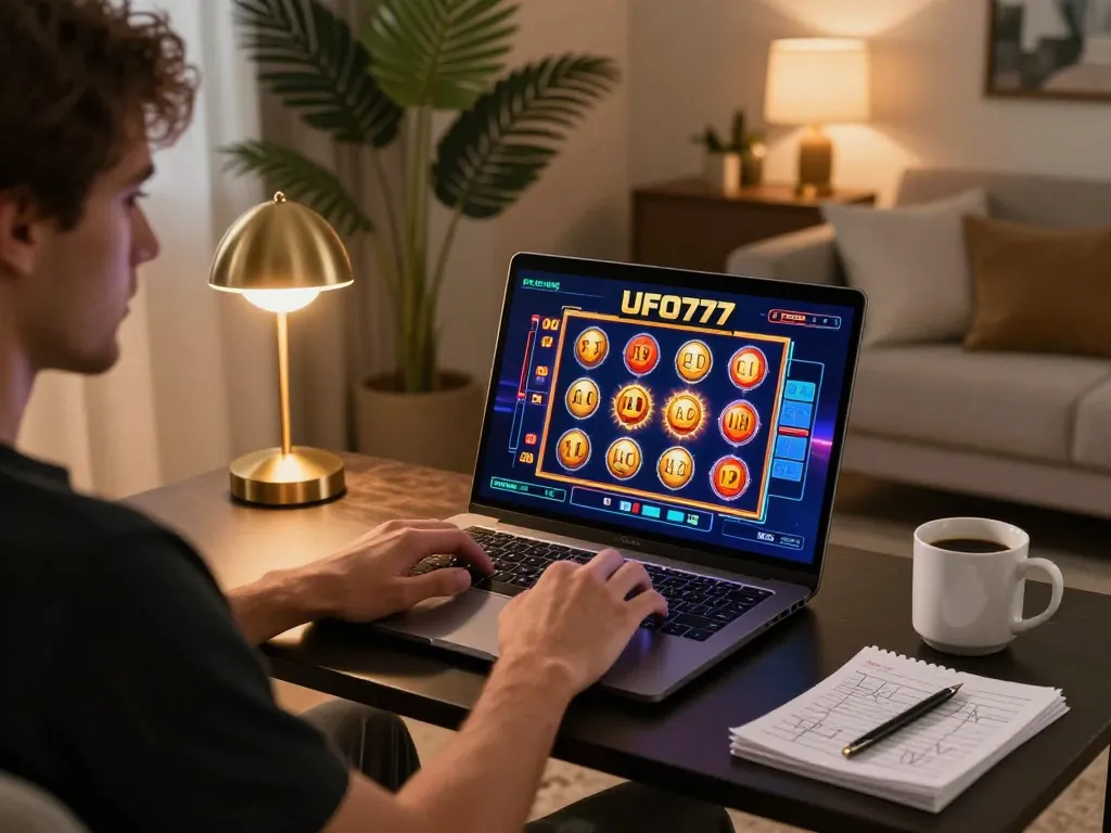 Engaging with UFO777 slots on a sleek laptop in a cozy home setting, showcasing responsible gambling.