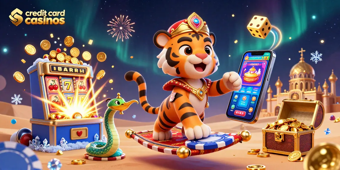 Experience thrilling play at credit card casinos with vibrant slot machines and magical elements.