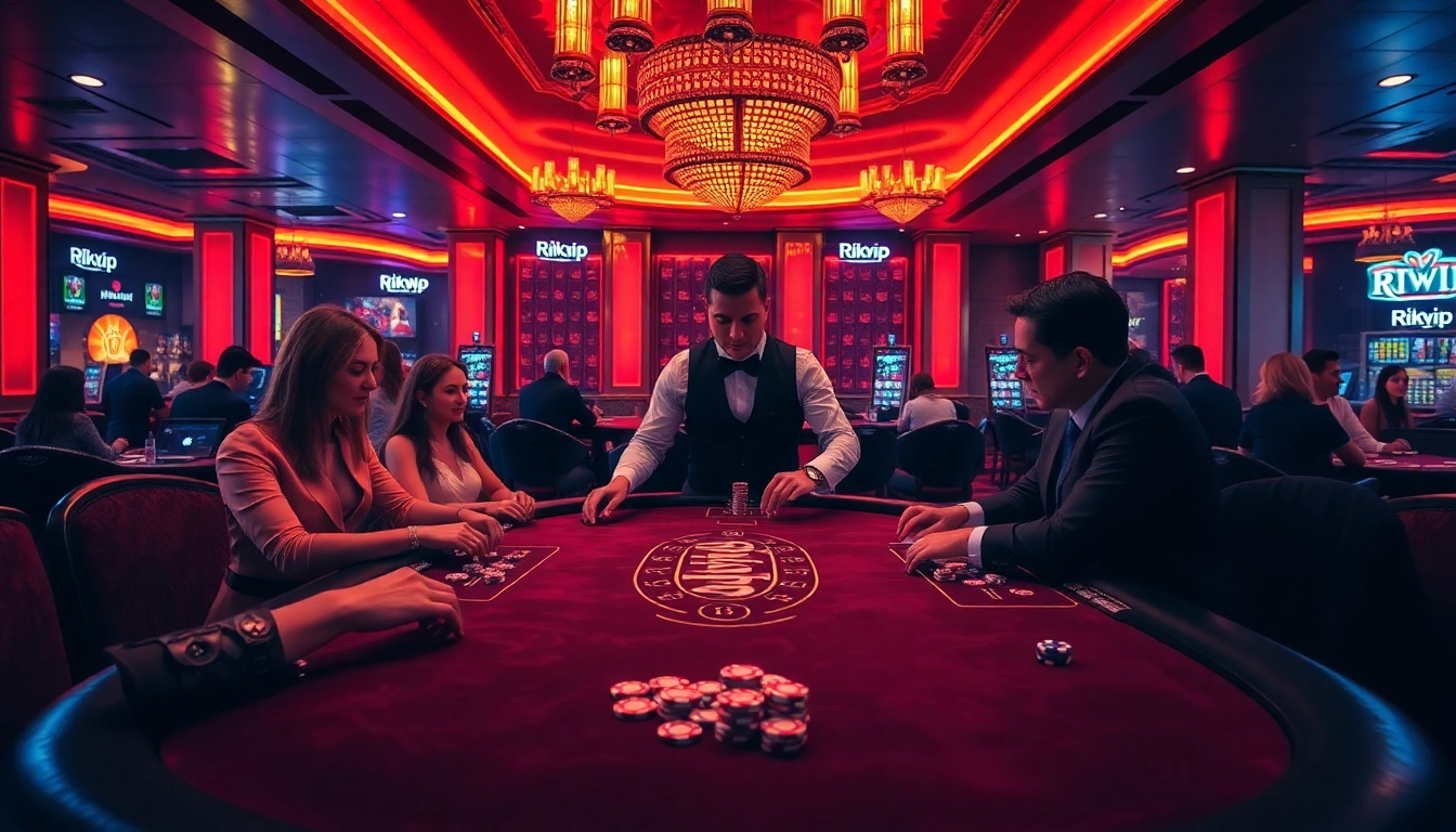 Rikvip players enjoying an intense poker game in a luxurious casino setting.