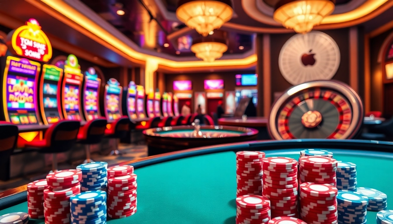 Engage in thrilling gameplay at bomwin1.it.com with lively casino tables featuring poker chips and cards.