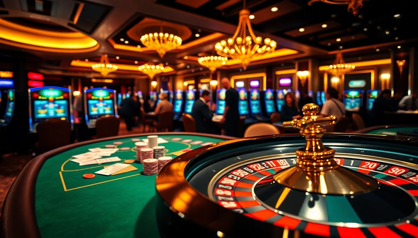 Players enjoying casino games at bk8th, featuring roulette and poker tables with vibrant chips.