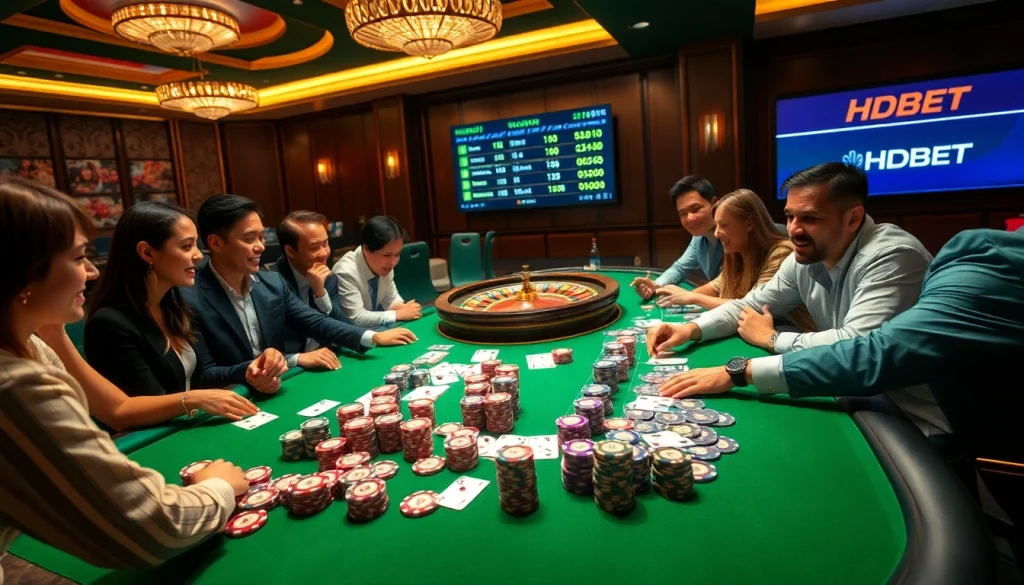 Gamblers enjoying a high-stakes poker game featuring HDBET branded chips and cards.