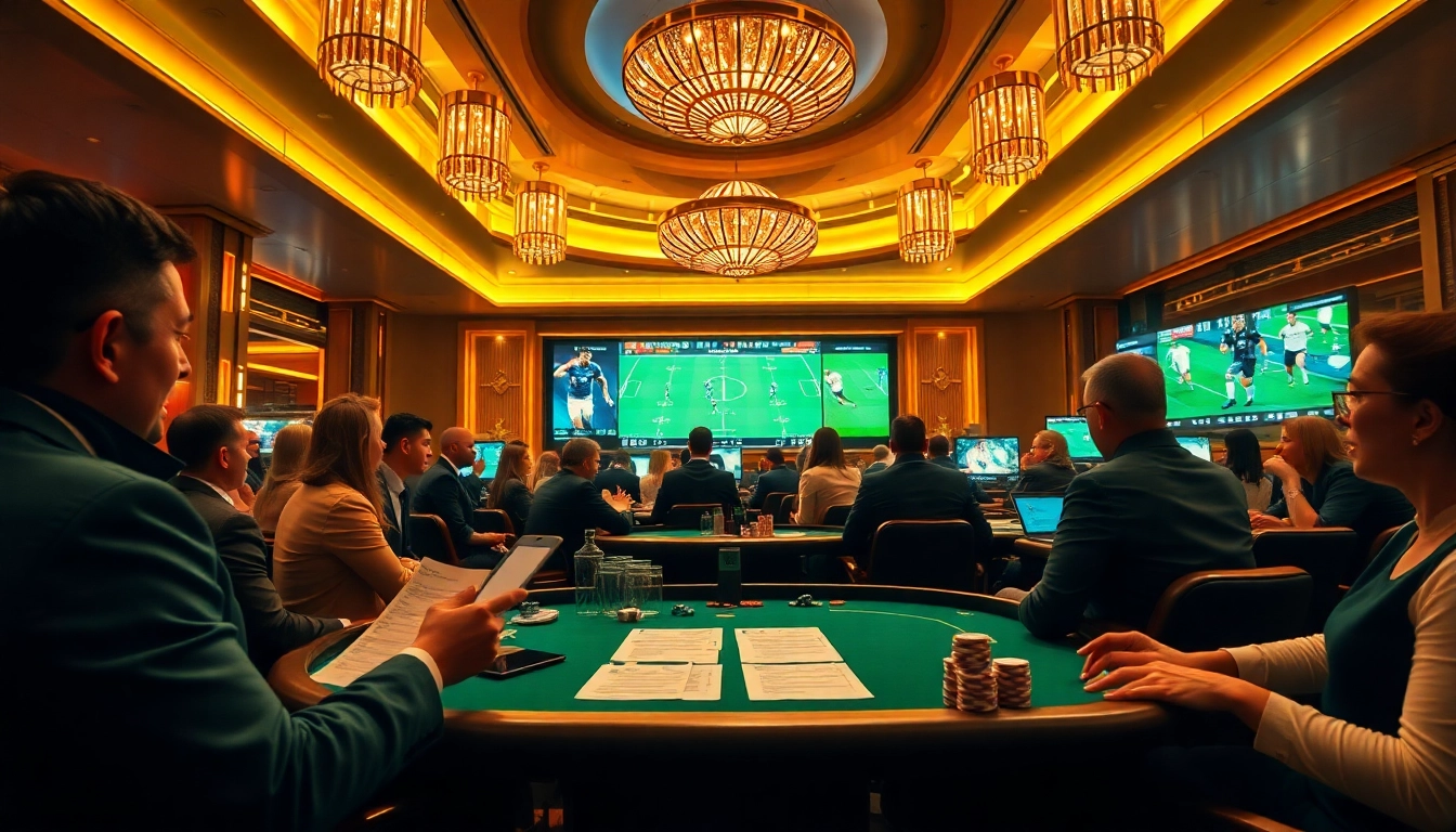 Excited bettors engage in แทงบอล while observing live sports updates in a luxurious casino.