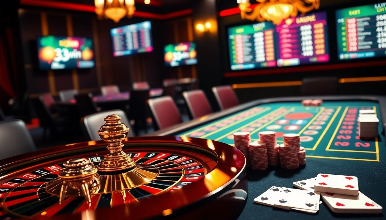 Experience the thrill of 33win with vibrant casino elements like cards and roulette wheels.