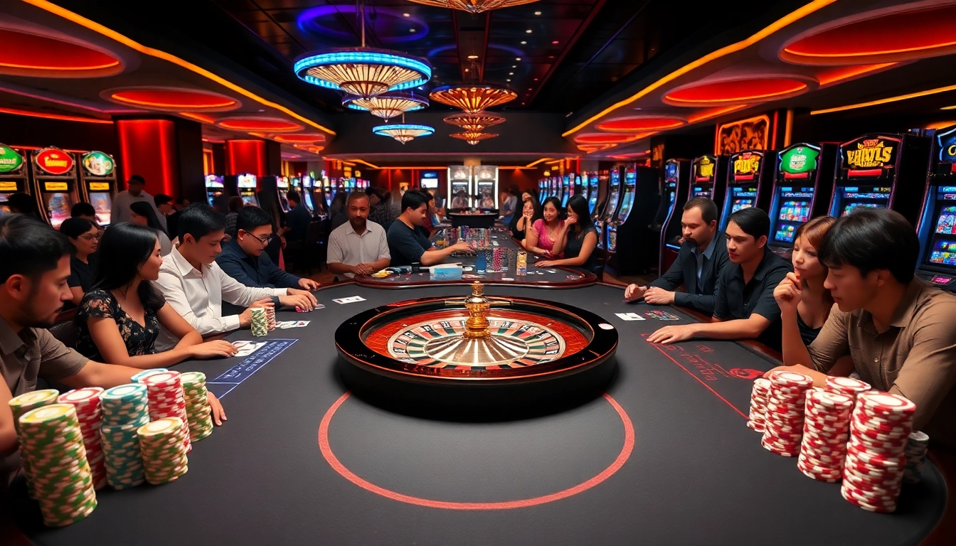 Players engaging in a thrilling casino experience at RR88, with roulette, blackjack, and vibrant slot machines.