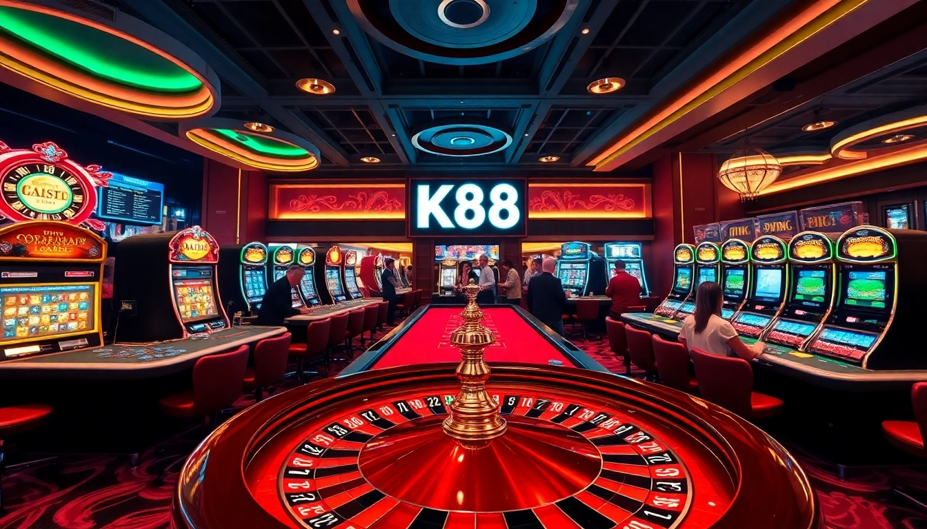 K88 experience with lively poker games and vibrant slot machines, creating an exciting gambling atmosphere.