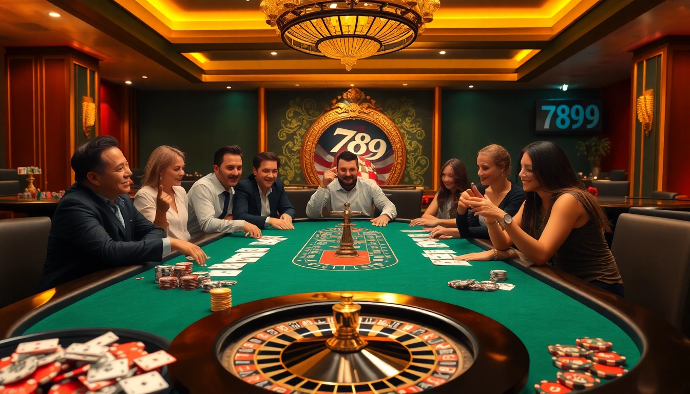 A thrilling poker game scene at 789club showcasing players, chips, and cards in a luxurious casino atmosphere.