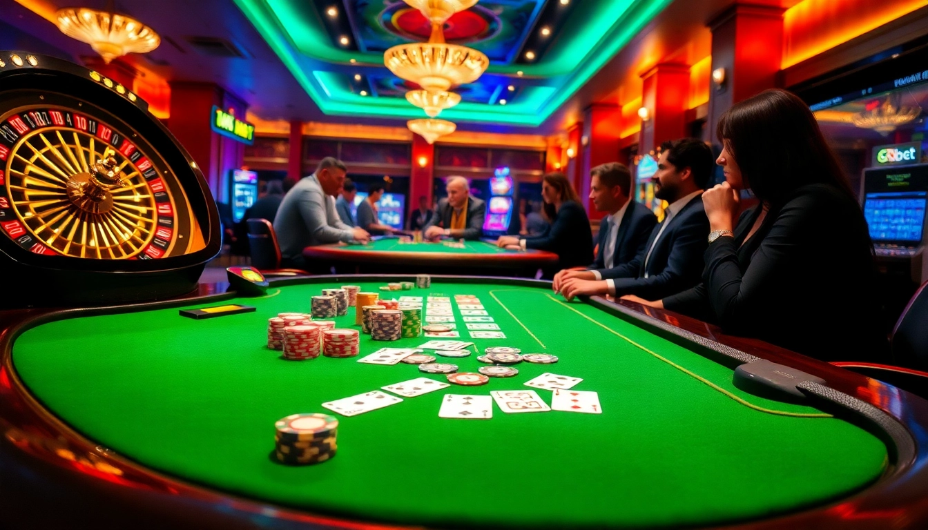 Exciting casino scene highlighting 8kbet with poker chips, cards, and a roulette wheel.