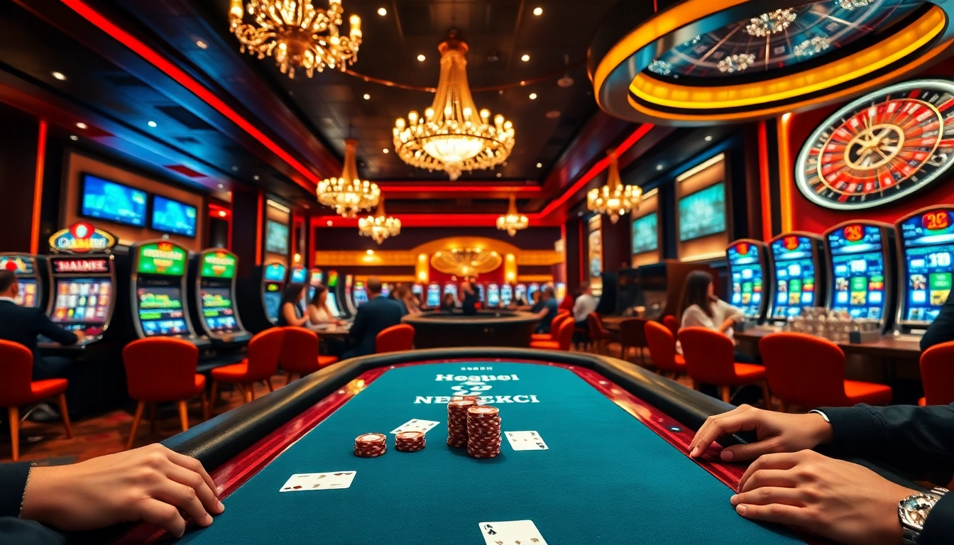 Experience the excitement of u88 as players engage at a lively poker table in a luxurious casino.