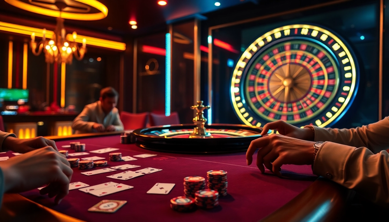 Players enjoying a vibrant poker game at Vaoluoitv’s luxurious gambling scene, full of excitement and thrill.
