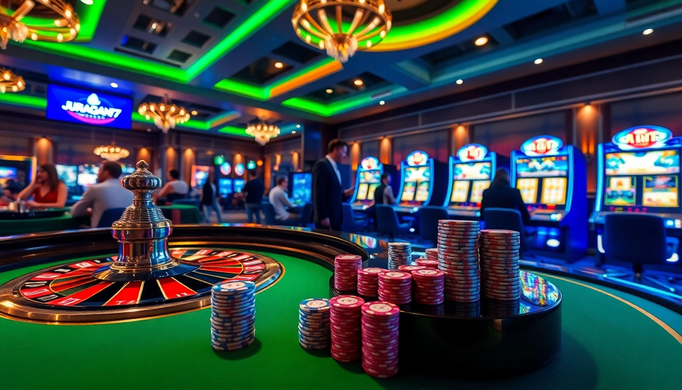 Experience thrilling wins at Juragan77 online casino with roulette and poker chips.