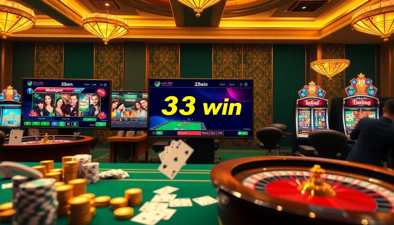 Experience the excitement of online gaming with 33win's vibrant casino atmosphere featuring poker chips and roulette wheels.