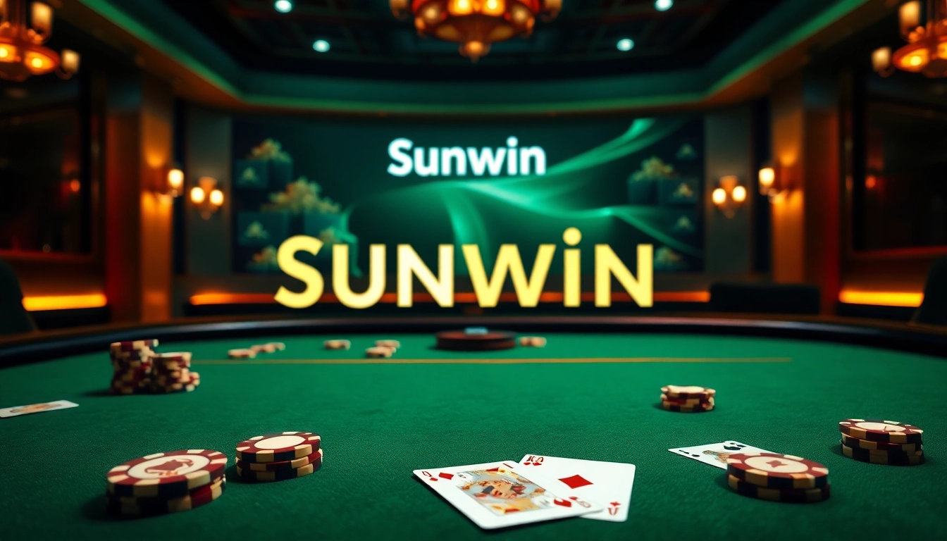 Sunwin players enjoying high-stakes poker with vibrant casino ambiance and digital gaming interface.