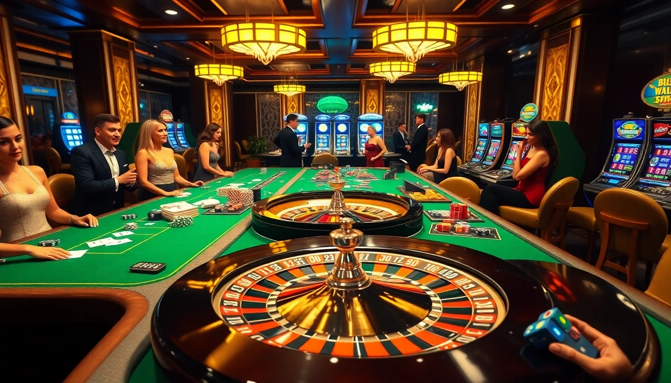 Experience the thrill of gambling at https://123b.ing/ with players enjoying poker tables and slot machines in a luxurious casino.