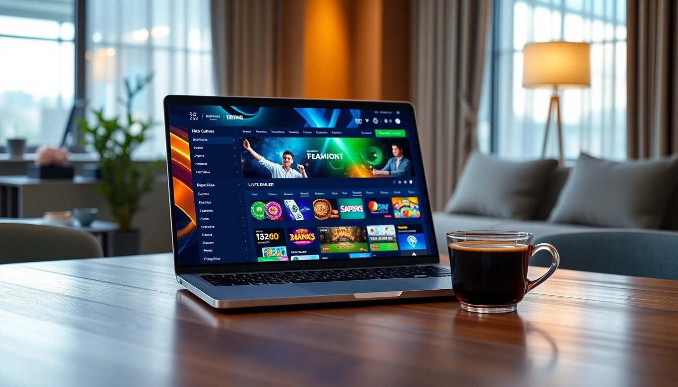 Ho88 online gambling platform showcased on a laptop with vibrant betting options and a Vietnamese coffee cup.