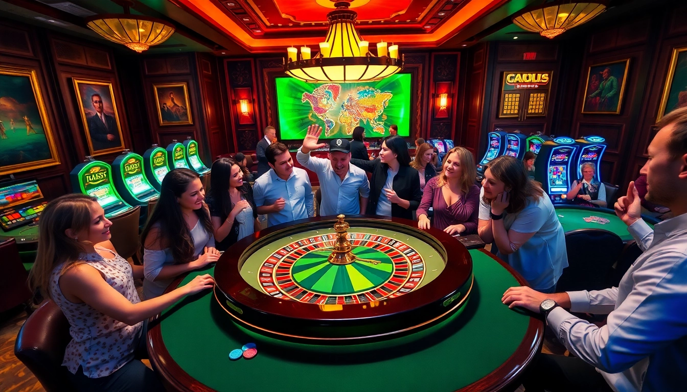 KJC players celebrating a big win at a luxurious casino table, surrounded by excitement.