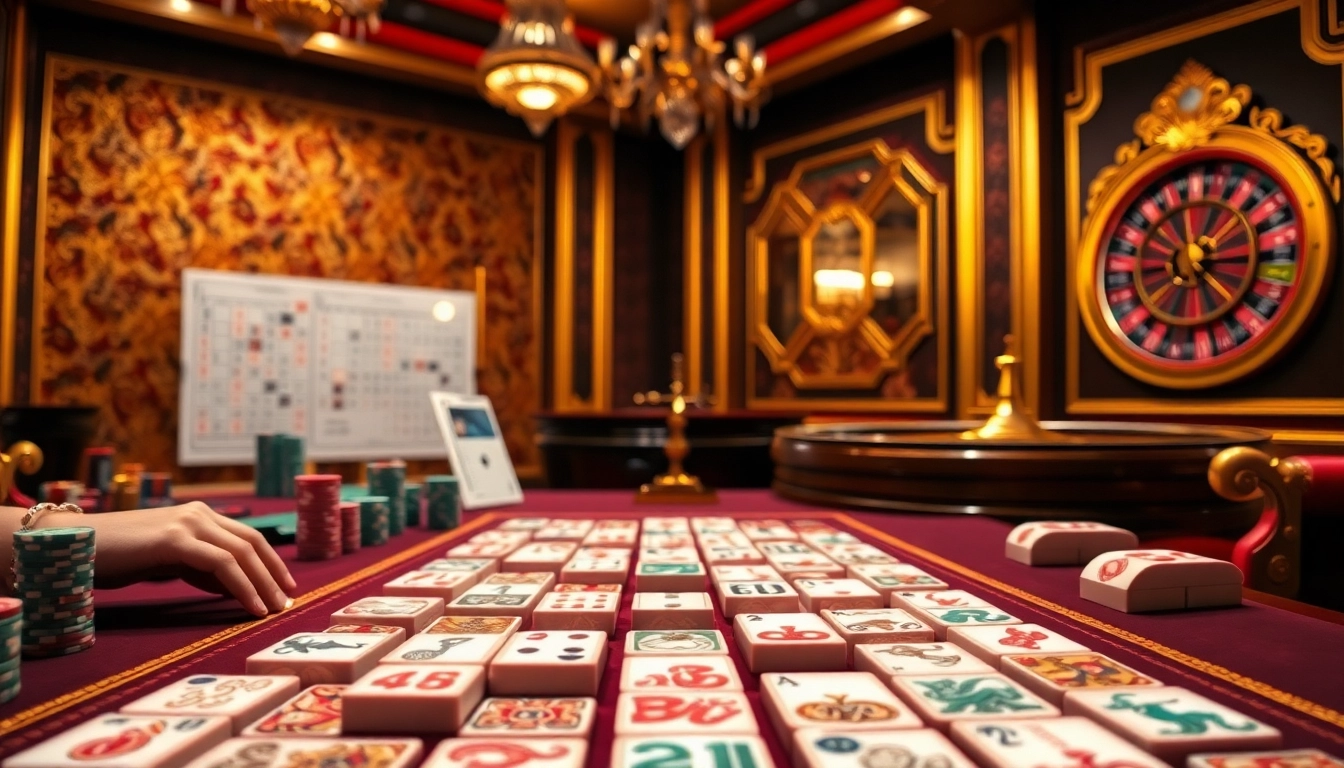Pemain merencanakan strategi di meja mahjong, menampilkan pengalaman perjudian yang mendalam.