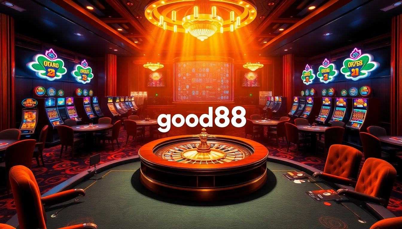 Exciting casino scene with players betting at poker tables and a roulette wheel, showcasing good88.