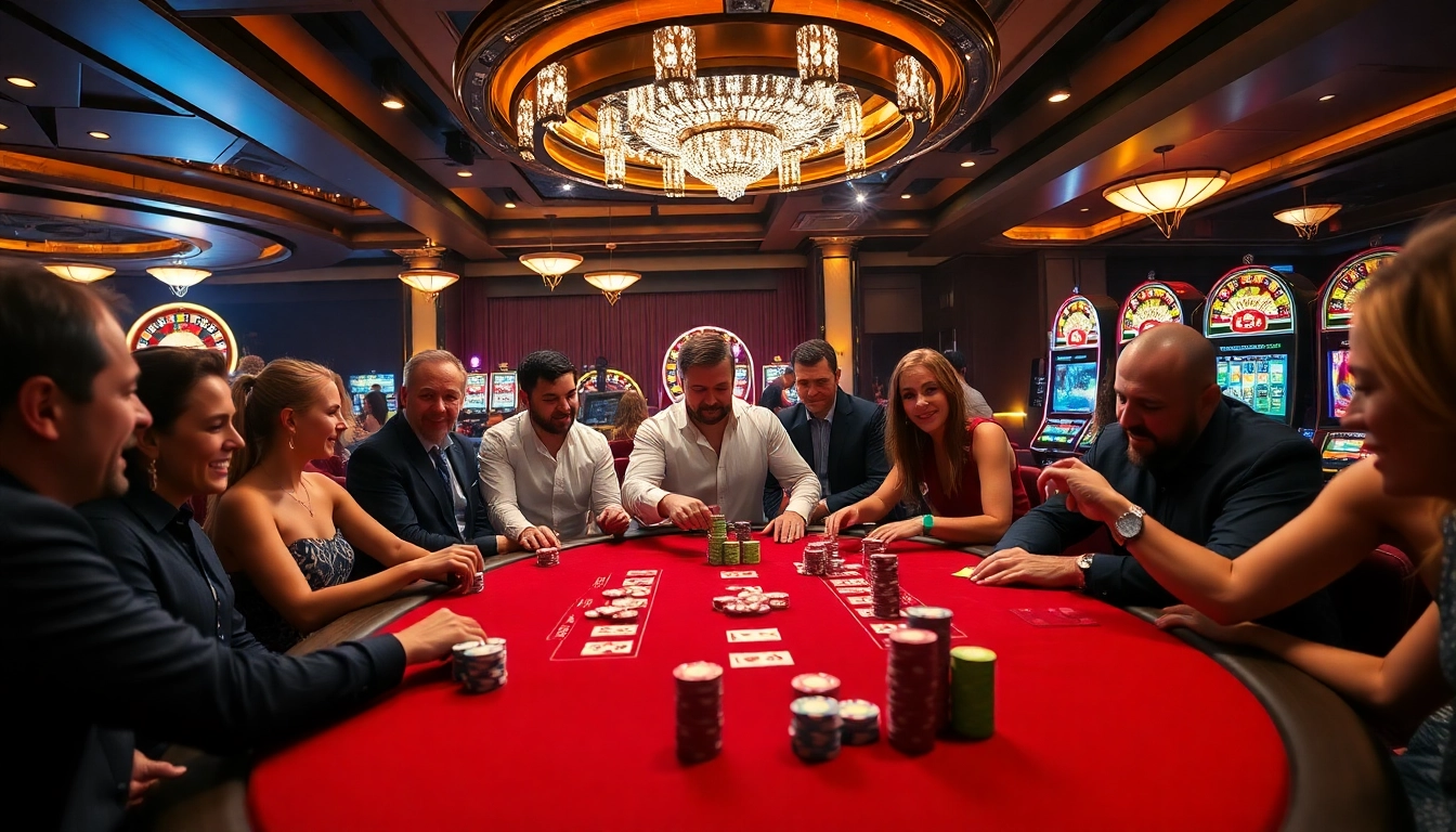 Players enjoying a thrilling poker game at i9bet casino, showcasing excitement and strategy.