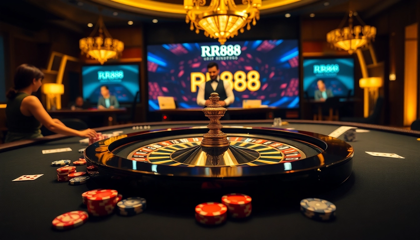 A lively roulette game at RR88 casino featuring vibrant chips and excitement among players.