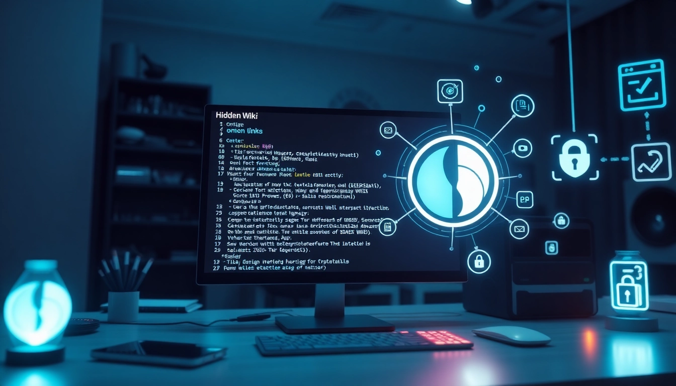 Visual representation of the hidden wiki showing secure links and cybersecurity elements in a modern workspace.
