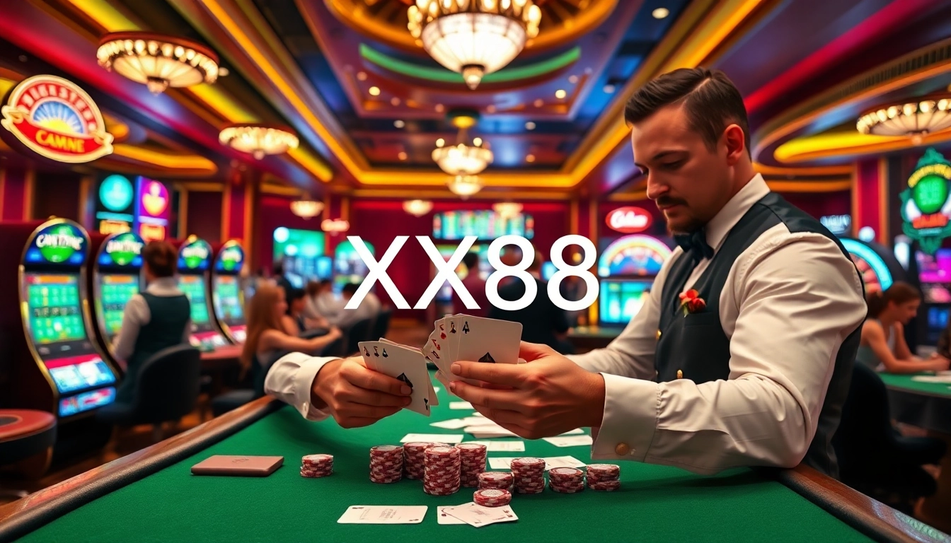 Engaging players enjoy XX88 GAME at a luxurious casino table with vibrant slot machines.