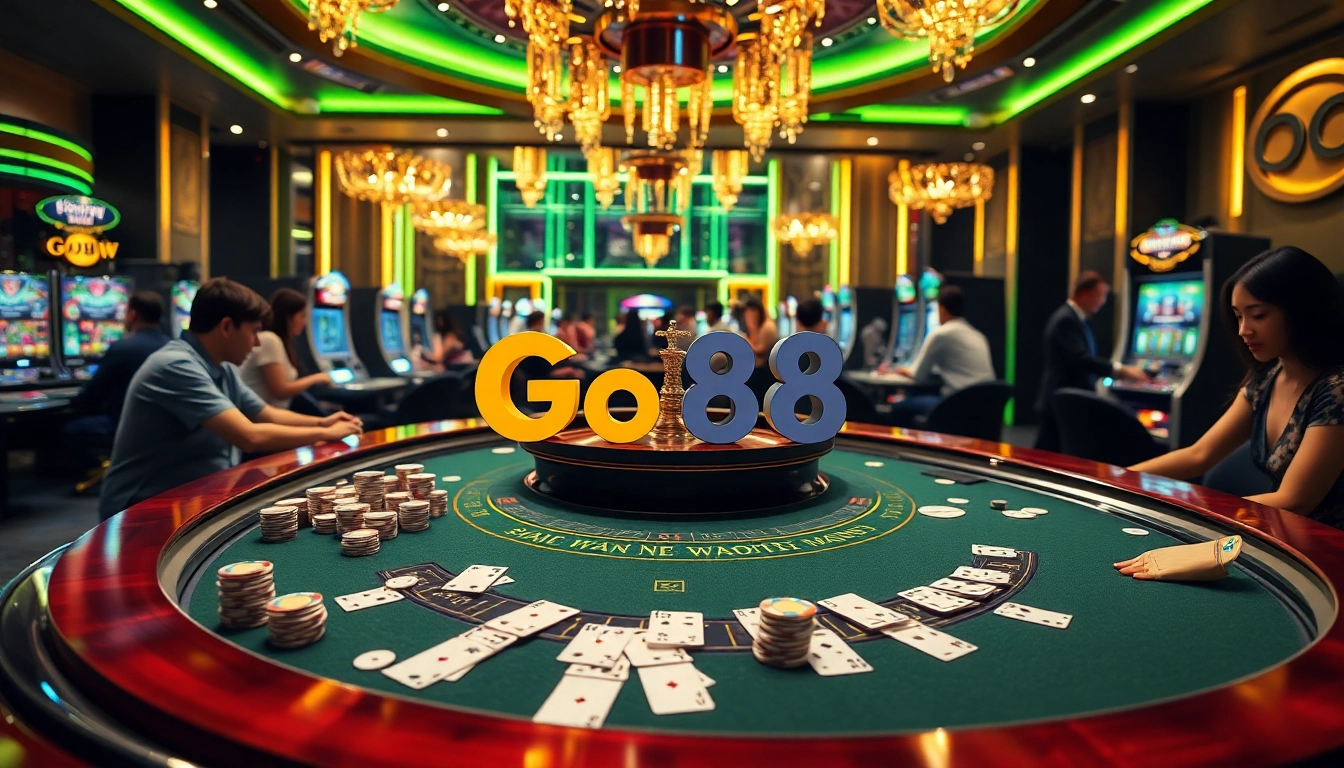 Go88 players enjoying an exciting game at a luxurious casino table with vibrant surroundings.