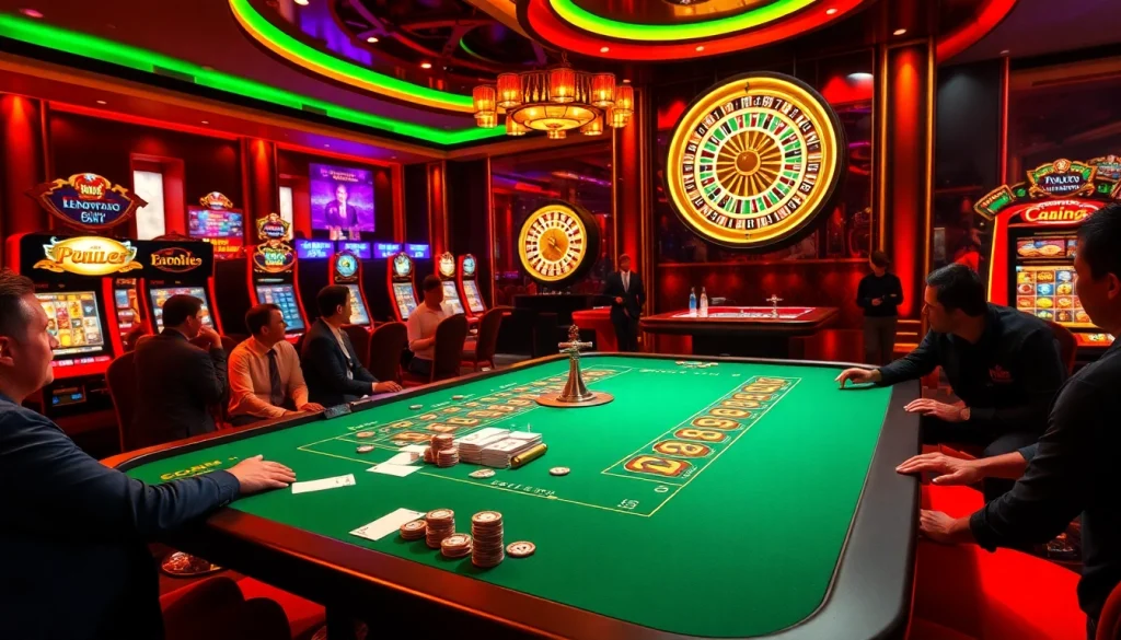 Experience the excitement of ph365 casino with a stunning gaming scene featuring vibrant tables and slot machines.